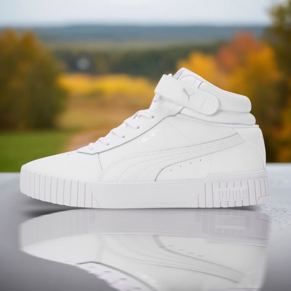 Puma Shoes - Puma Carina 2.0 Mid Sneakers White Silver Leather US Woman’s Size: 8.5